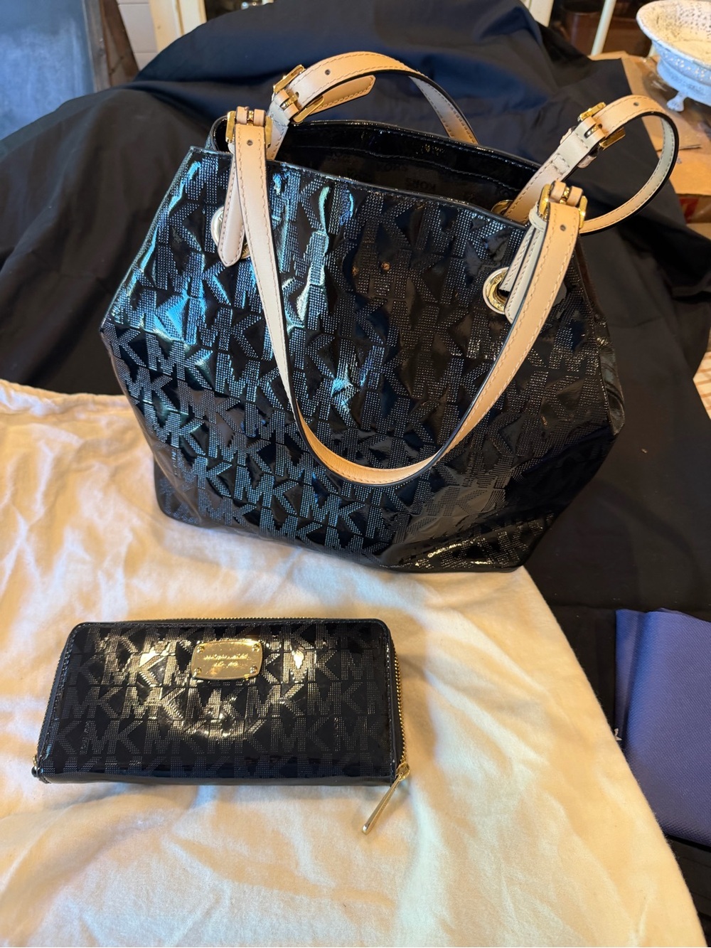 Michael Kors Black Patent MK Tote with Tan Leather Straps and Matching Wallet